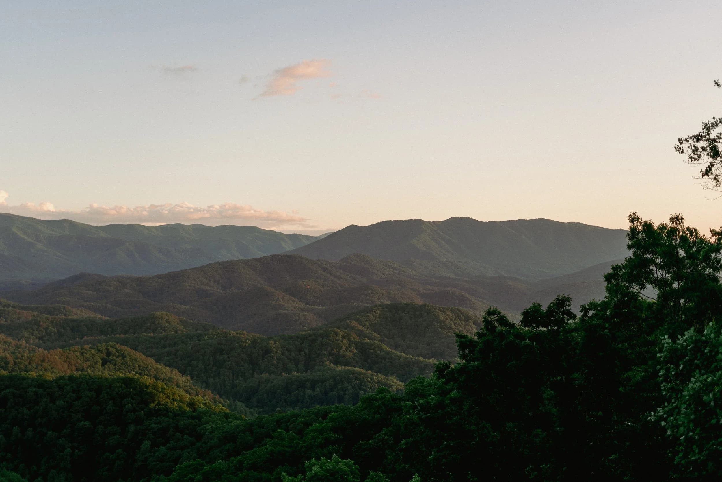 Layered ridgelines of the Great Smoky Mountains at sunset.
